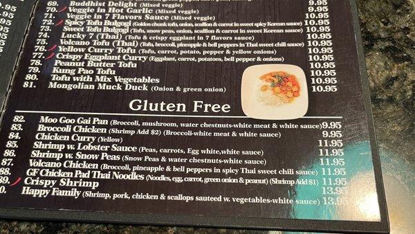 Gluten free menu