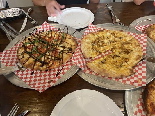 White Margherita Pizza and Buffalo Chicken Pizza