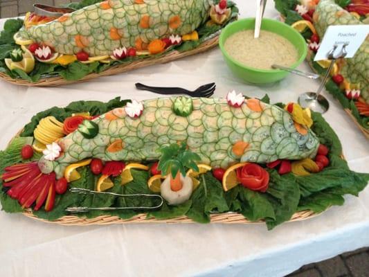 Whole decorated poached salmon