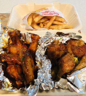 12 wings & fries Combo (Medium-Sweet & Savory Heat Level 1 and Lemon Pepper-Lemony Buttery Heaven)