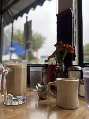 Brown Sugar Latte, coffee, water, flowers, creamer