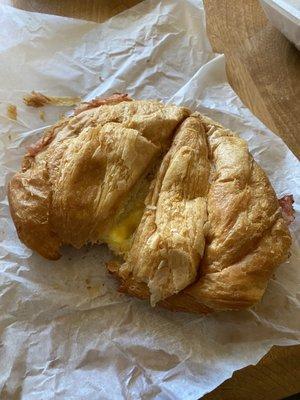 Breakfast croissant - American cheese, sausage,, bacon, & egg.  Big & tasty.