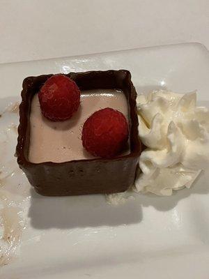 Fresh custard in a chocolate square with raspberries and whipped cream