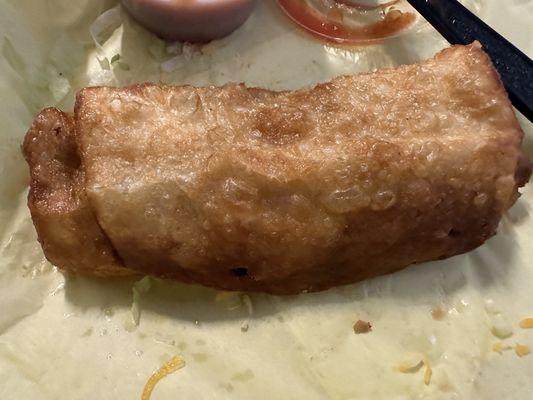 Chile, Riano burrito, deep-fried with canned chili, Riano's and canned cheese sauce not so good