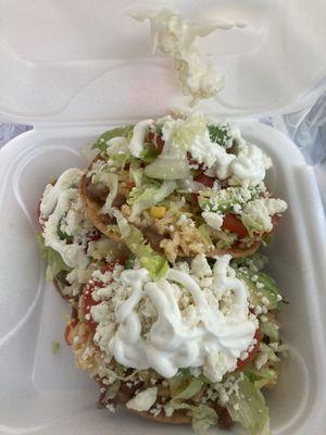 Vegetarian tostadas (beans, rice, lettuce, tomato, onion, cheese, sour cream)