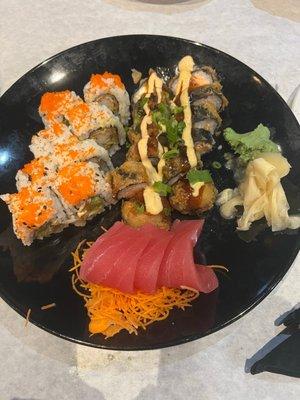 Tempura Japanese bagel roll, Mexican roll, and tuna.