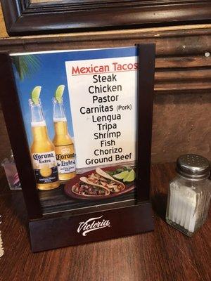 Taco meats menu