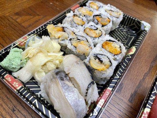 1 1/2 Spicy Scallop Crunch Rolls, and 2 pcs of Mackerel sushi