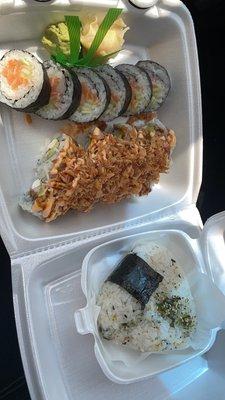 Salmon Roll, New York Crunch Roll and 1 Piece Unagi Rice Ball