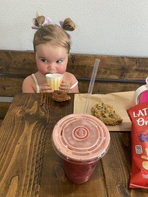 Beet "cleanse" juice and homemade chocolate chip cookie! Yummy!