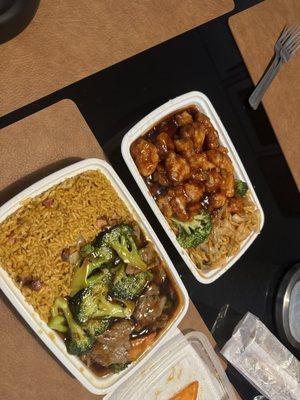 General Tso Chicken combo with Shrimp Lo Mein. Beef and Broccoli combo with Pork Fried Rice.