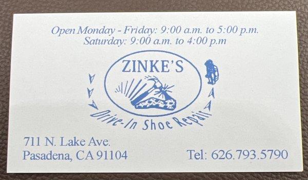 ZINKES has moved to: 711 N. Lake Ave.,  Pasadena, CA 91104  parking in the back