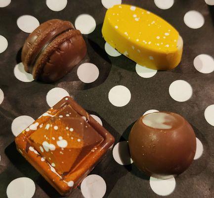 Clockwise: Hazelnut Praline, Yuzu, Coffee, Passionfruit from L'Atelier TR (9/13/23)