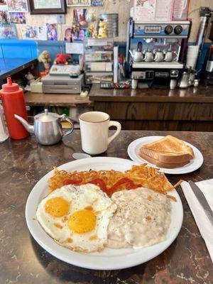 Chicken fried steak and eggs, gravy is fire!