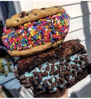 Chocolate chip cookie with chocolate ice cream and rainbow sprinkles   Novi mint chip ice cream brownie sandwich with chocolate chips