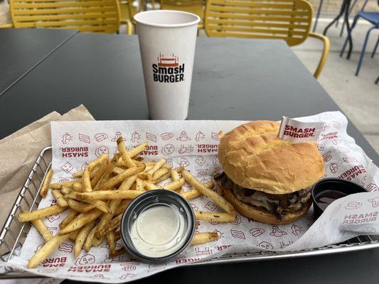 Double mushroom Swiss, small side of fries, and small $3 drink. $19 plus $2 tip for this. Unbelievable.