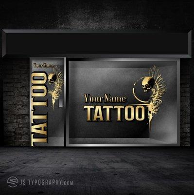 Custom Tattoo window signs.  Gold leaf tattoo store window signs.