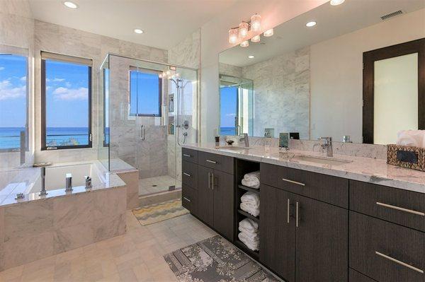 Completed marble contemporary bathroom.