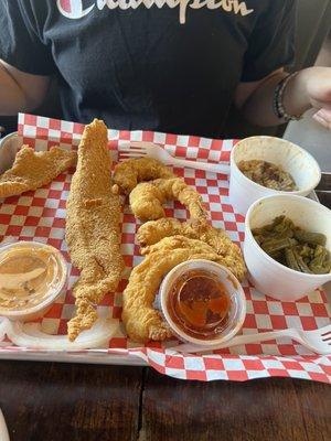 Catfish, red beans and rice and green beans