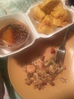 Fried wontons (good), house special fried rice (good) and some concoction they claim is sesame sauce. (disgusting)