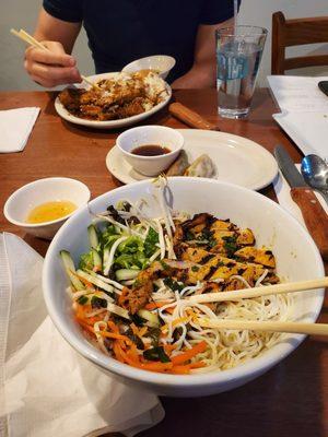 Lemongrass pork with vermicelli, dumplings, and chili tofu