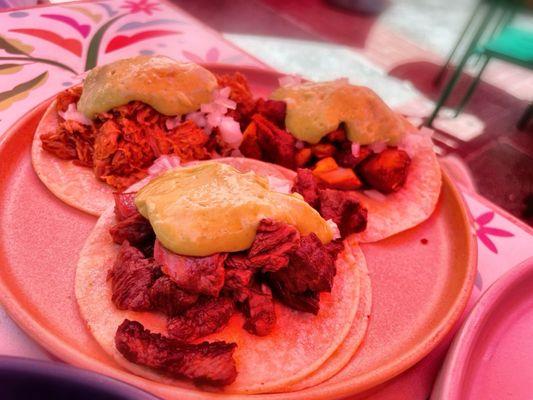 3 Street Tacos $18. carnitas, pollo asado, steak