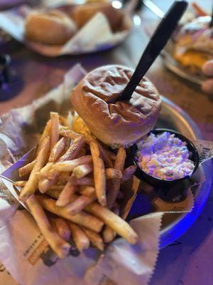 Bacon cheeseburger, regular fries, and a coleslaw