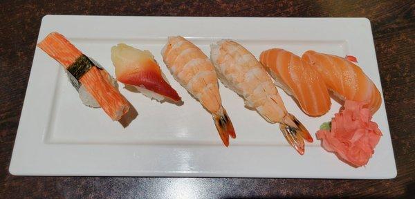 Crab stick, surf clam, shrimp, salmon sushi