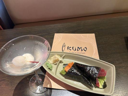 A lychee martini, a salmon avocado hand roll, and a tuna avocado hand roll.  All amazing!