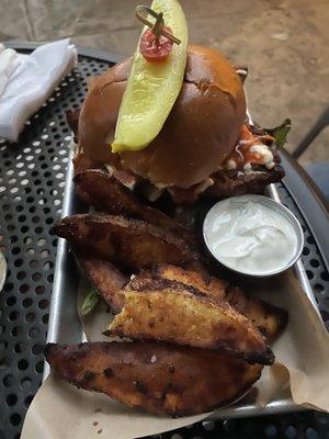 Delicious Potato Wedges Sour-Pickle Dill Cream! Chicken Schnitzel Sandwich.