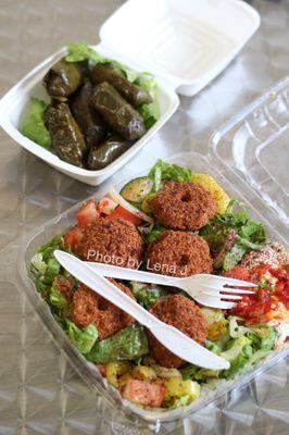 Falafel Salad ($11.99) + Grape Leaves ($4.99 for 7 pieces)