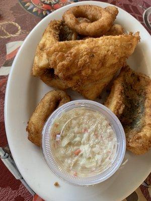 Flounder, puppies and slaw.