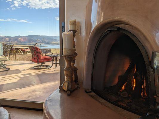 Fireplace in the great room and views from the patio.