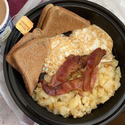 All Day Breakfast Special: 2 Eggs, Turkey Bacon, Home Fries, Toast + Coffee or Tea = $6.75