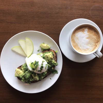 Avocado Toast with poached egg and a large latte.