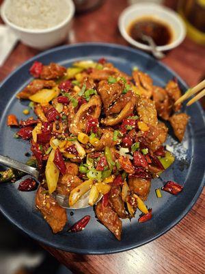 Fried pork intestine with chili's.