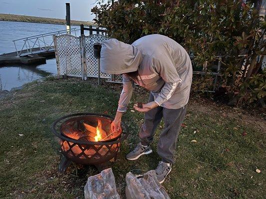 Hubby getting our fire started