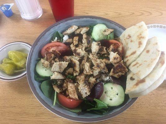 Best salad ever! Greek chicken salad with pink Greek dressing. Please come here, you will thank me. Yum Yum!!!!!!!