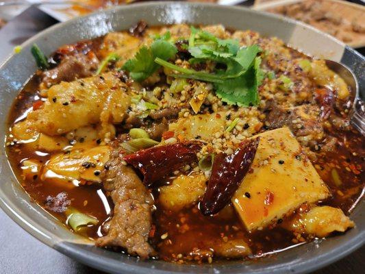 Beef, fish, and tofu in chili oil hot pot