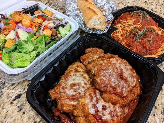 Dinner for Two takeout special; Chicken Parmesan, $35. Tasty and satisfying! :-)