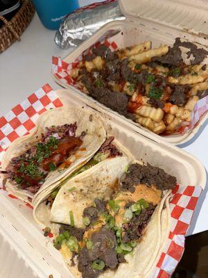 Taco trio and bulgogi fries