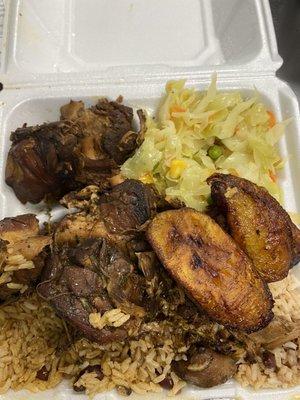 Brown Stew Chicken with Jamaican Cabbage, Rice and Peas and Fried Plantains