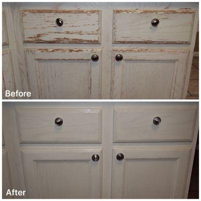 Severe white wash pickling repair on kitchen cabinet lowers.