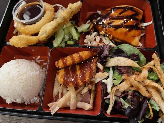 Teriyaki Salmon and Vegetable Tempura Bento box