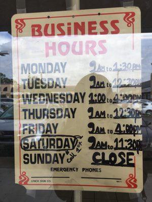 Updated hours as of 11/1/17