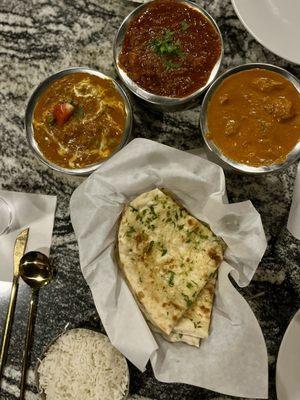 Chicken Tikka Masala, Chicken Rogan Josh, and Matar Paneer. Rice and naan.