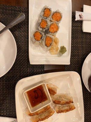 Spicy Salmon Roll and pork dumplings