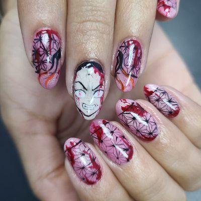 Gel manicure with nezuko character nail art