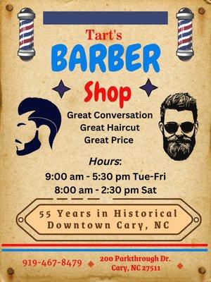 "Tart's Barber Shop of Cary is VETERAN FRIENDLY where you can relax while we give you a cut that's as sharp as a Marine's dress blues!"