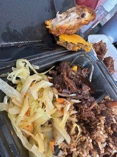 Cooked Cabbage, Oxtails, Meat Patty, Fried Chicken